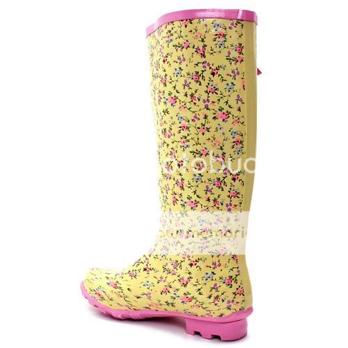 Floral Yellow Rainboots Wellies Wellington US 9.5, UK 7 Lovely 