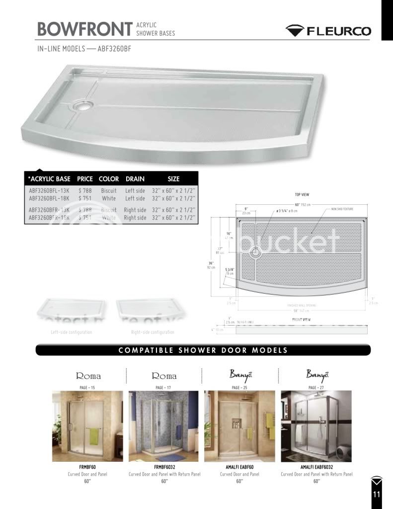 FLEURCO ABF3260BFL ACRYLIC BOWFRONT SHOWER BASE 60 x 32 WHITE OR 