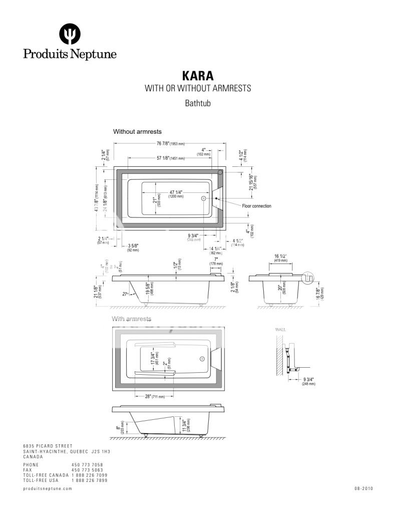 NEPTUNE KARA 77x44 ACRYLIC RECTANGLE BATHTUB SOAKER OPTIONAL SPA 